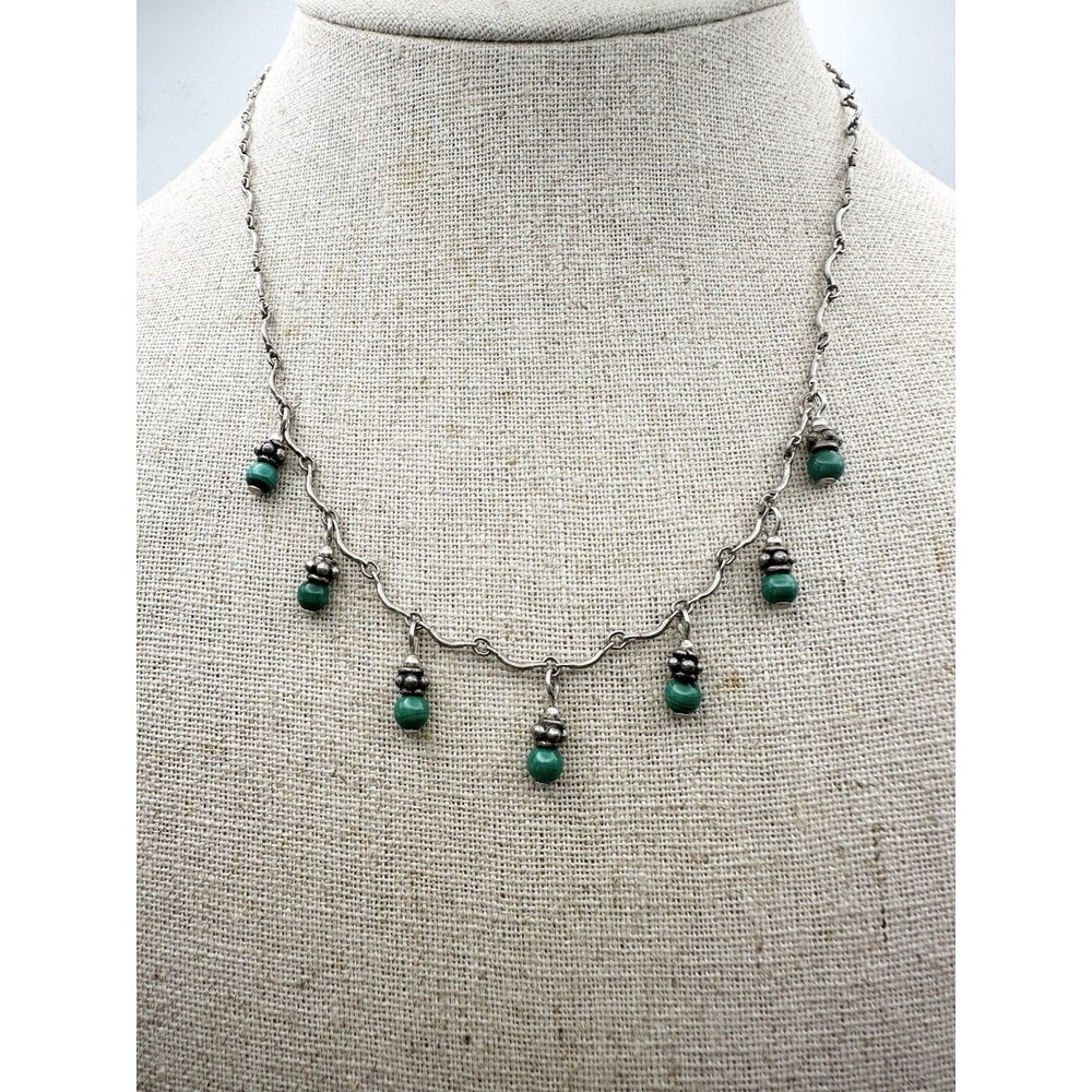 Vintage Sterling Silver Malachite Bead Fringe Necklace 15”